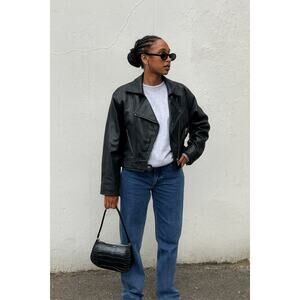 ZARA Womens M  Leather Biker Moto Jacket Black Grunge Oversized